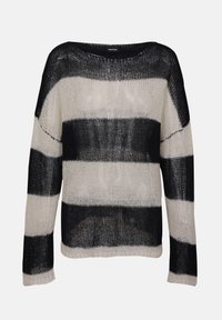 Maglione a righe nero e crema con un design largo e lavorato a maglia. Vestibilità rilassata, scollatura ampia e maniche lunghe. Tessuto leggero e semi-trasparente.