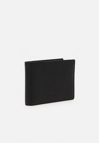Black leather wallet with a slim design, featuring smooth texture and subtle branding at the front. Minimalistic style with no visible hardware.