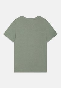 Ljusgrön bomullströja med rund hals och korta ärmar. Slät textur med en enkel, odekorerad design.