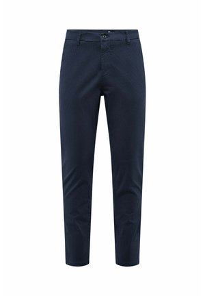 Navyblauwe slim-fit broek van duurzaam stof met een gladde textuur. Voorzien van een enkele knoopsluiting en zijzakken.