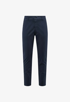 Granatowe spodnie slim fit wykonane z trwałego materiału o gładkiej fakturze. Posiadają pojedyncze zapięcie na guzik oraz przednie kieszenie.