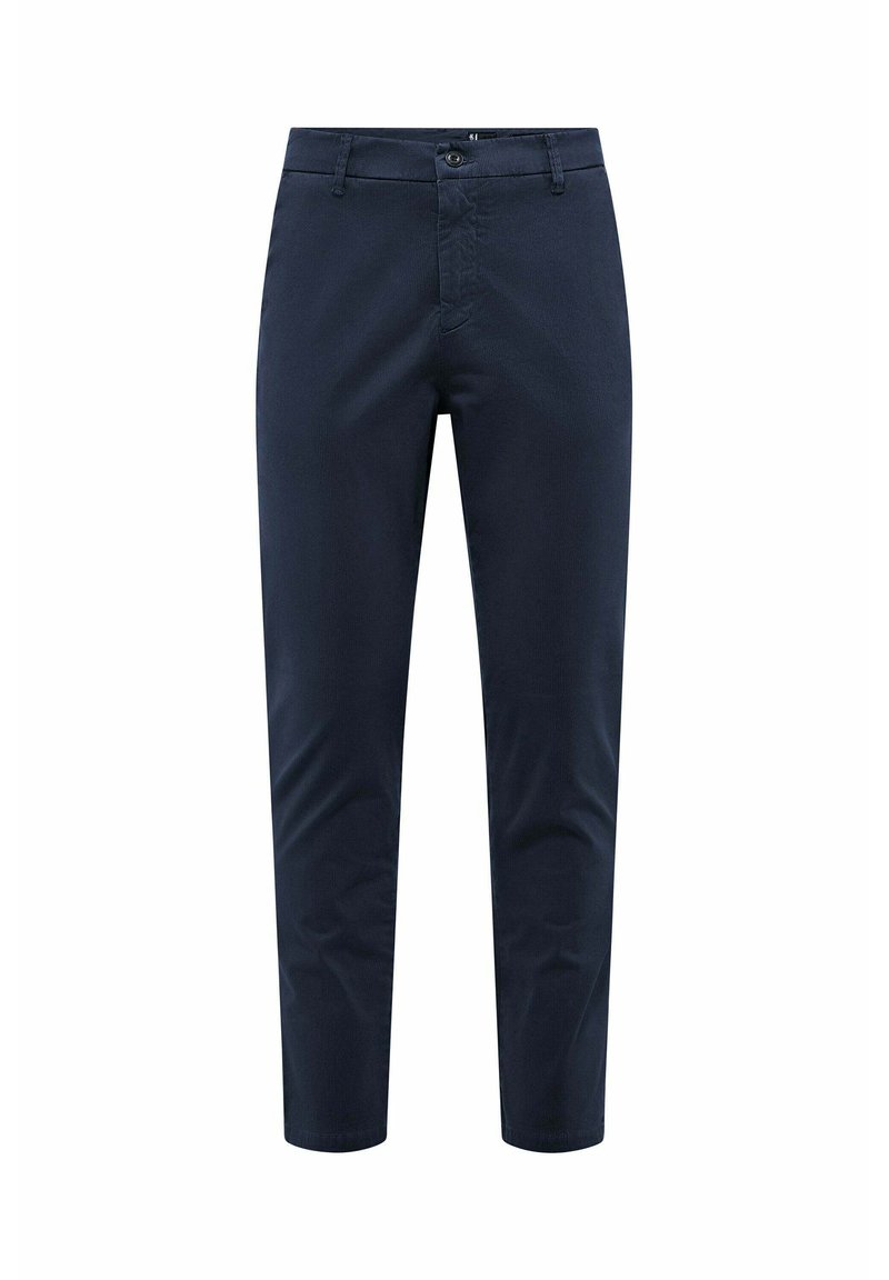 Navyblauwe slim-fit broek van duurzaam stof met een gladde textuur. Voorzien van een enkele knoopsluiting en zijzakken.