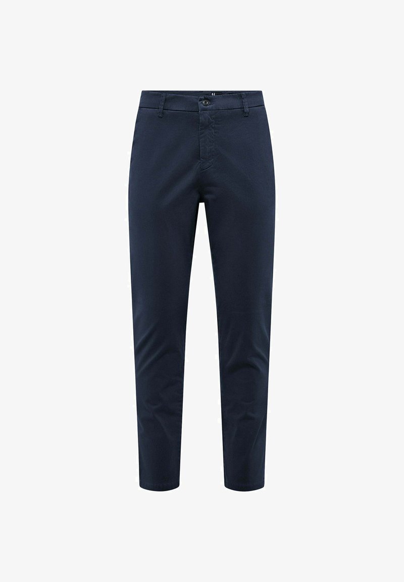 Navyblauwe slim-fit broek van duurzaam stof met een gladde textuur. Voorzien van een enkele knoopsluiting en zijzakken.