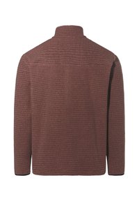 Giacca marrone con texture, dotata di un colletto, caratterizzata da un motivo a griglia e maniche lunghe. Colore uniforme con orlo e polsini a contrasto.