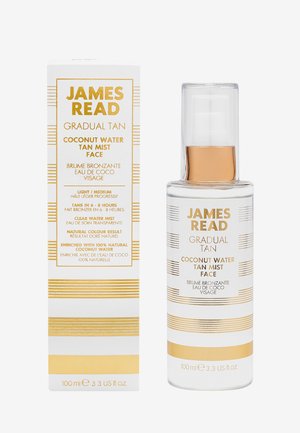 James Read Gradual Tan Coconut Water Tan Mist per il viso, flacone spray da 100ml con confezione e scatola bianca e dorata.