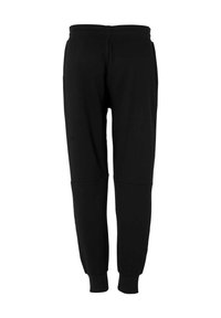 Zwarte joggingsbroek met elastische boorden en een gladde textuur, met een eenvoudig ontwerp, kniepanelen en een trekkoord in de taille.