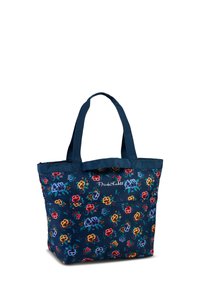 Marineblauwe bloemen-tote bag met levendige meerkleurige bloemenpatronen, gemaakt van stof, met dubbele handvatten en een ritsluiting aan de bovenkant.