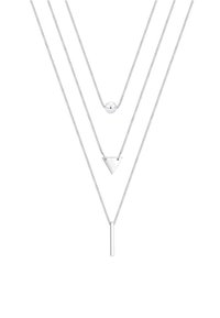 Silberne mehrlagige Halskette mit drei Ketten: einer runden Perle, einem dreieckigen Anhänger und einem vertikalen Stab. Glattes, elegantes Design mit feinen Gliedern.