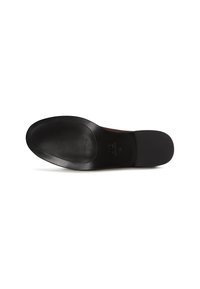 Suola in cuoio nero con una finitura liscia, punta arrotondata e dettaglio del logo impresso. Design piatto con una presa testurizzata per la stabilità.