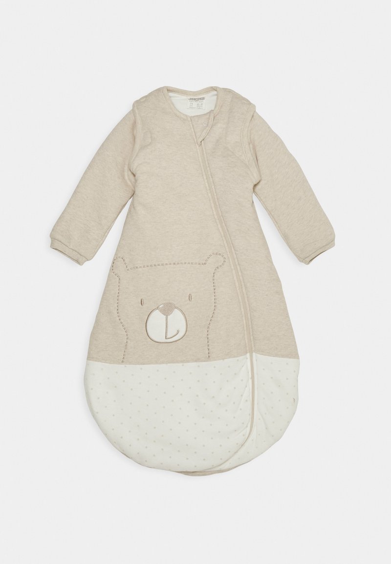 Béžový spací pytel s dlouhými rukávy, s designem medvěda a puntíkovaným vzorem na spodní části; zipové zapínání na přední straně.