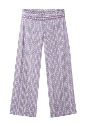 Pantalones de pierna ancha con patrones geométricos y florales verticales en color lavanda y blanco, con una cintura alta y estampada.