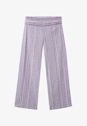 Pantalones de pierna ancha con patrones geométricos y florales verticales en color lavanda y blanco, con una cintura alta y estampada.