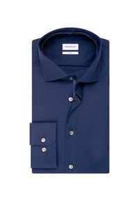 Folded dark blue dress shirt with a classic collar, buttoned front, and single button cuff, neatly arranged against a white background.