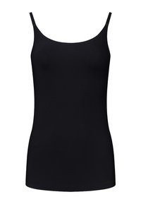 Zwarte tanktop met dunne spaghettibandjes, gemaakt van een gladde, rekbare stof. Heeft een aansluitende silhoutte en een ronde halslijn.
