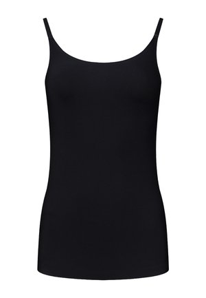 Zwarte tanktop met dunne spaghettibandjes, gemaakt van een gladde, rekbare stof. Heeft een aansluitende silhoutte en een ronde halslijn.