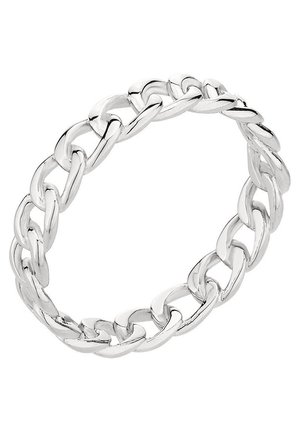 Sølvkæde armbånd med store, skinnende, sammenkædede led, der danner et sømløst, cirkulært mønster på en hvid baggrund.