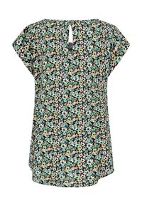 Haut fleuri avec un fond noir et des fleurs multicolores, manches courtes et un dos en forme de goutte. Tissu doux, coupe décontractée.
