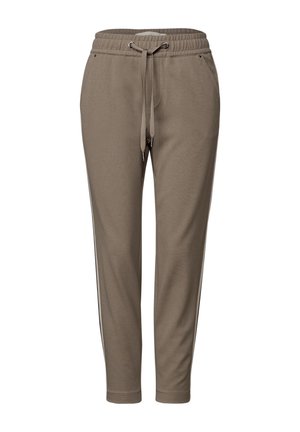 Light brown sweatpants with an elastic waistband and drawstring, featuring side stripes and two pockets. Made of soft fabric, tapered leg design.
