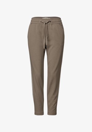 Hellbraune Sweatpants mit elastischem Bund und Kordelzug, verziert mit seitlichen Streifen und zwei Taschen. Aus weichem Stoff gefertigt, mit schmal zulaufendem Bein.