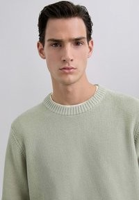 Suéter de punto verde claro con un escote redondo acanalado y tela texturizada. Presenta un corte holgado y elementos de diseño mínimos.