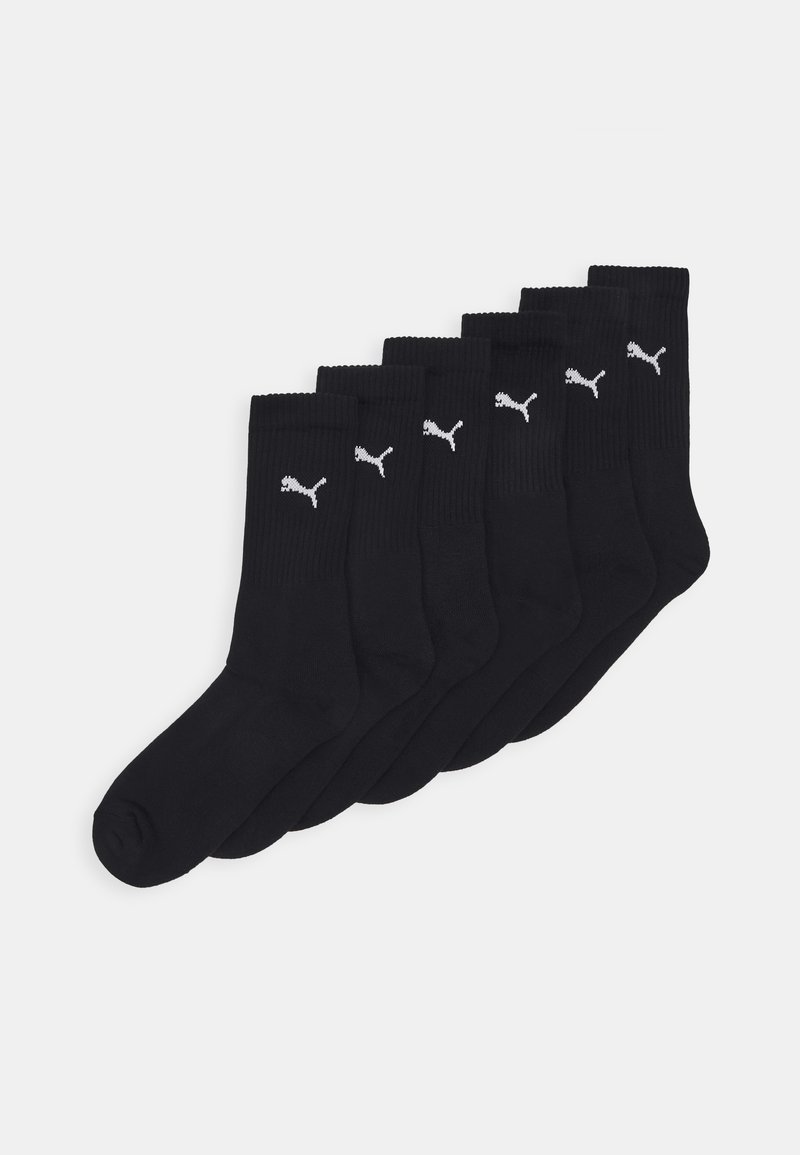 Meias de algodão pretas, seis pares, textura canelada, comprimento até a metade da panturrilha, apresentando um logo branco da Puma na parte superior.