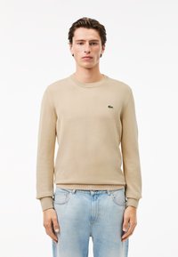 Beige gestrickter Pullover mit Rundhalsausschnitt, langen Ärmeln und gerippten Bündchen. Kleines grünes Krokodil-Logo auf der linken Brust, getragen zu hellblauen Jeans.