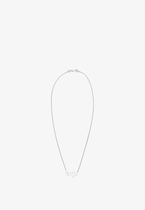 Silberne Halskette mit dem Wort "Hoffnung" in einer geschwungenen Schriftart, aufgehängt an einer feinen Kette mit einem Federverschluss.