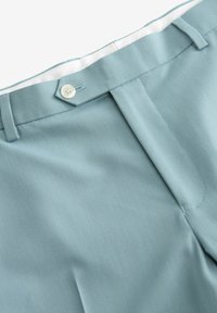 Lichtblauwe broek met een gladde textuur, voorzien van een voorknopsluiting en subtiele plooidetails. De tailleband heeft een witte binnenvoering.