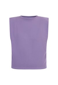 Lavendel ærmeløs bluse lavet af blød bomuldsjersey, med rund halsudskæring og lige søm; glat tekstur og minimalistisk design.