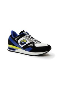 Men's sneaker with black, white, and blue color scheme, featuring a suede and mesh upper, lace-up front, and air cushioning in the sole.
