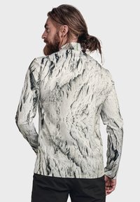 Langarmshirt mit einem abstrakten Bergmuster in Weiß und Grau, aus einem glatten, leichten Material gefertigt und mit einer taillierten Passform.