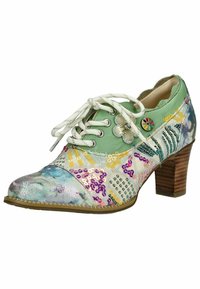 Scarpa stringata multicolore con tomaia in pelle verde, decorata con vari motivi e paillettes; presenta un tacco basso e un accento floreale.