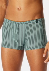 Boxer briefs in a light teal color with black vertical stripes. Soft fabric with an elastic waistband and a front pouch design.