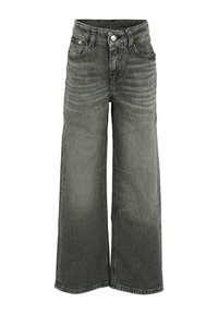 Jean large en denim gris foncé. Comprend une taille haute, un design à cinq poches, et une décoloration subtile avec des coutures visibles et une fermeture à bouton.