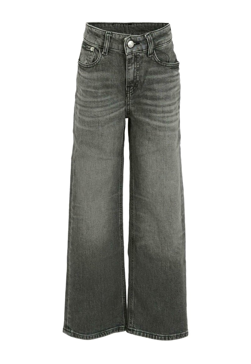 Jean large en denim gris foncé. Comprend une taille haute, un design à cinq poches, et une décoloration subtile avec des coutures visibles et une fermeture à bouton.