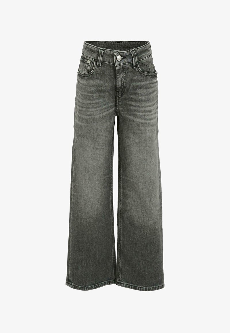 Wide-leg jeans in dark gray denim. Features a high waist, five-pocket design, and subtle fading with visible stitching and button closure.