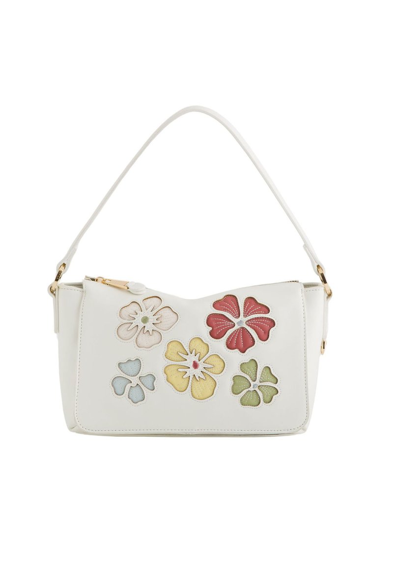 Geantă de piele albă cu o formă curbată; prezintă aplicații florale multicolore în roșu, galben, roz, albastru și verde. Accente din metal auriu.