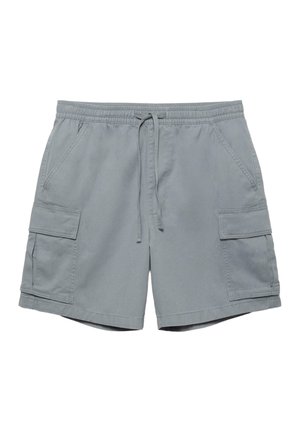 Grå afslappede shorts med elastisk taljebånd, snøre, sidelommer og cargolommer på begge ben.