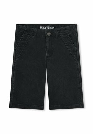 Zwarte denim shorts met een rechte snit, voorzien van zijzakken en een metalen knoopsluiting. Merkl logo zichtbaar op de tailleband.