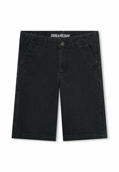 Shorts en denim noir avec une coupe droite, dotés de poches latérales et d'une fermeture à bouton métallique. Logo de la marque visible sur la taille.