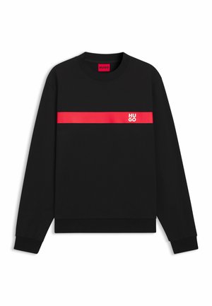 Zwarte sweatshirt met een brede rode horizontale streep en een wit "HUGO" logo. Ronde hals en lange mouwen met ribgebreide manchetten.