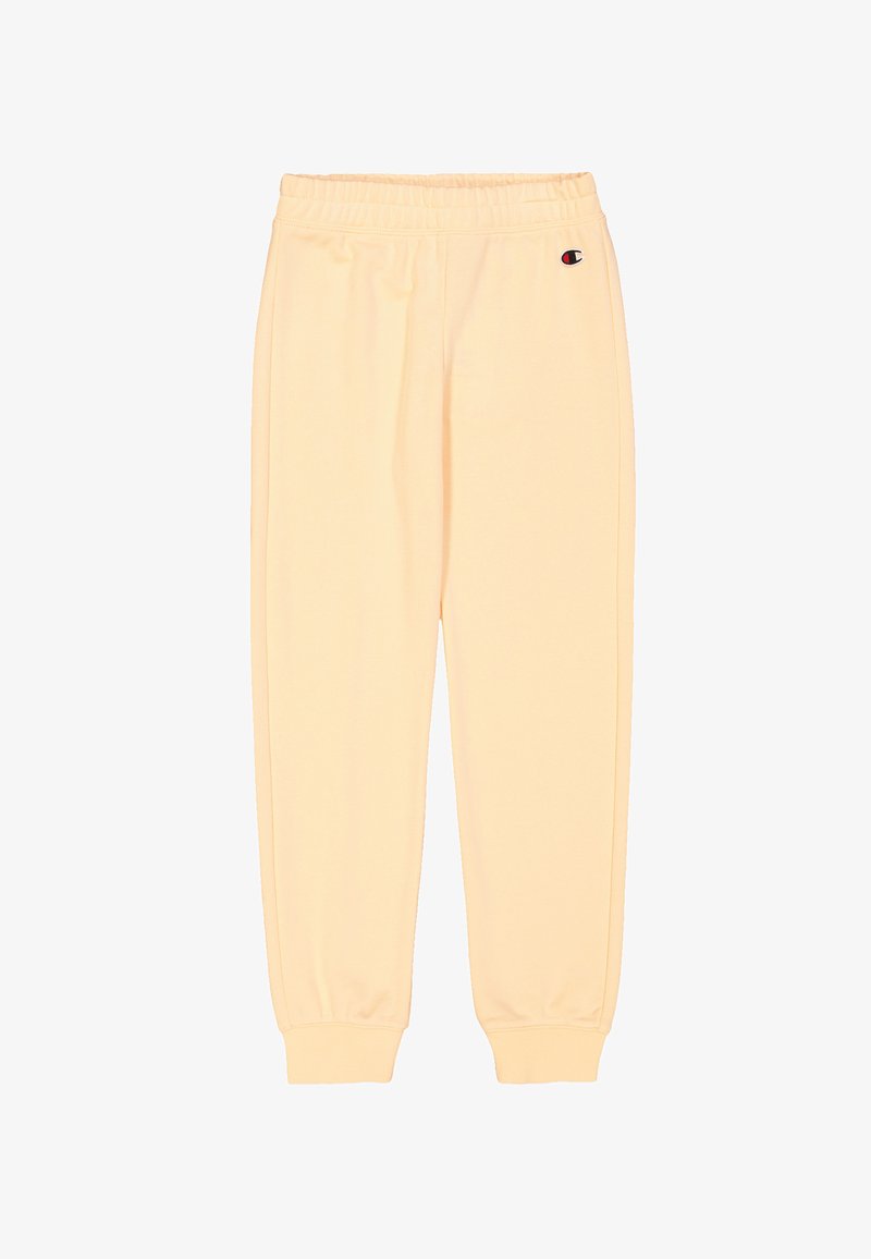 Lichtgele sweatpants met een elastische tailleband en cuffs bij de enkels. Een klein logo is zichtbaar op de bovenste linkerbeen. Glad stoftextuur.