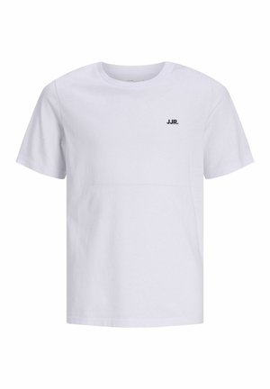 T-shirt blanc à manches courtes et col rond avec petit logo noir « JJR. » sur la poitrine gauche, présenté sur un fond uni.