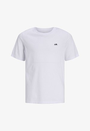 Λευκό κοντομάνικο T-shirt με στρογγυλή λαιμόκοψη και μικρό μαύρο λογότυπο "JJR." στην αριστερή πλευρά του στήθους, εμφανιζόμενο σε μονόχρωμο φόντο.