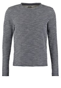 Långärmad tröja i gråblått tyg, rundhalsad design, strukturerad stickad mönster, med platta sömmar och en liten logotypdetalj vid fållen.