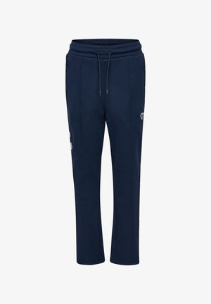 Granatowe spodnie dresowe wykonane z miękkiego materiału, z elastycznym pasem i sznurkiem, dwoma bocznymi kieszeniami oraz logo na udzie.