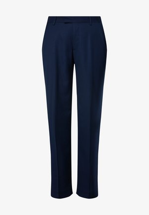 Pantalones azul marino de una sola pliegue, hechos de una tela lisa con corte recto, que cuentan con bolsillos laterales y una cinturilla con trabillas para el cinturón.