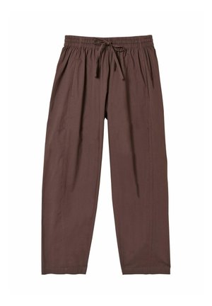 Hnedé voľné nohavice s elastickým pásom a šnúrou, s bočnými vreckami s rozparkom a rovnou nohavicou.
