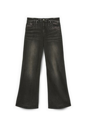 Schwarze Jeans im weitgeschnittenen Design mit einem verblassten Finish, ausgestattet mit Vordertaschen und auffälligen schrägen Nähten. Mit einem Metallknopf und einem Reißverschluss geschlossen.