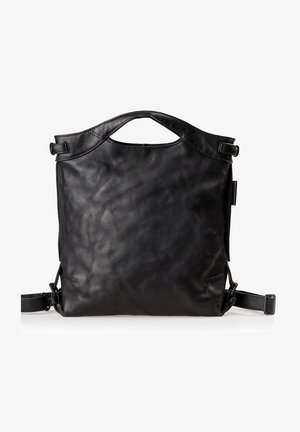 Schwarze Lederhandtasche mit glatter Textur, ausgestattet mit einem oberen Griff und einem verstellbaren Schulterriemen. Schlichtes Design mit minimalen Hardwareakzenten.